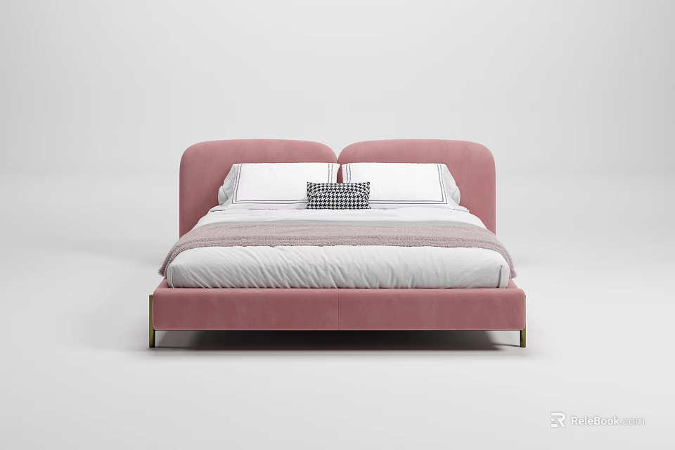 Modern Pink Double Bed With Curved Headboard White Pillows And Gold Legs 3d model 