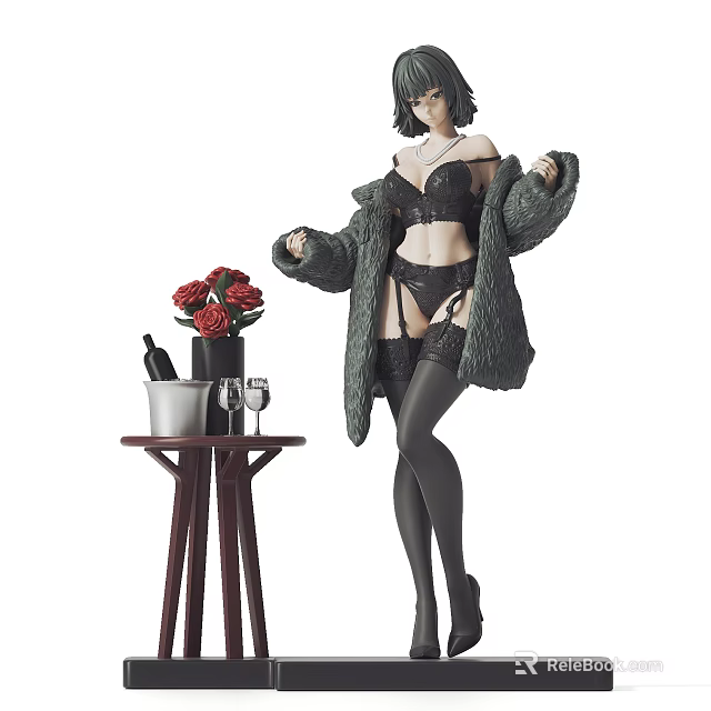 Stylish Female Doll Wearing Black Lingerie Fur Coat With Red Roses Wine Glass And Table 3d model 