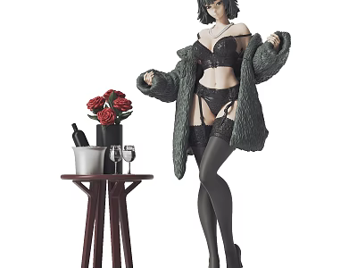 Stylish Female Doll Wearing Black Lingerie Fur Coat With Red Roses Wine Glass And Table 3d model