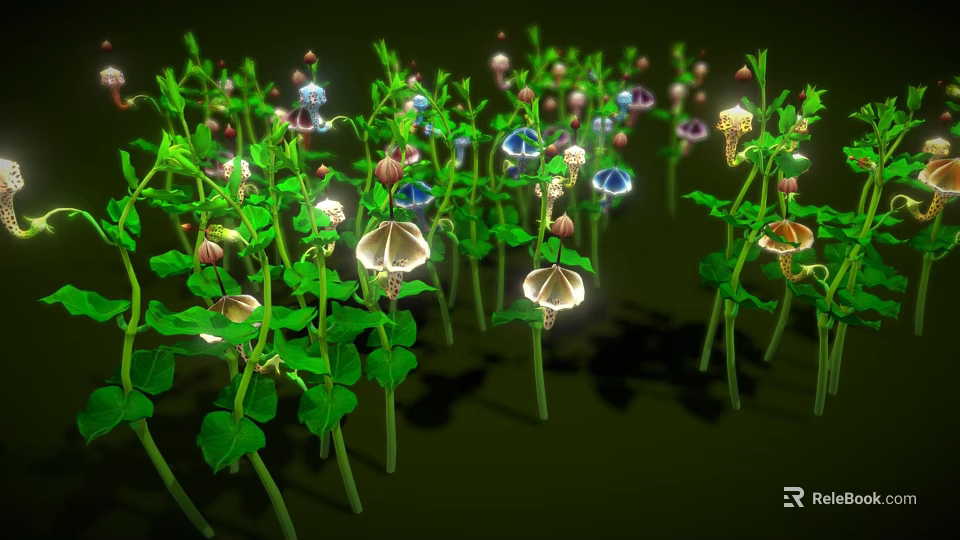 Vibrant Green Plants With Stems Leaves And Bell Shaped Blue Pink White Flowers 3d model 