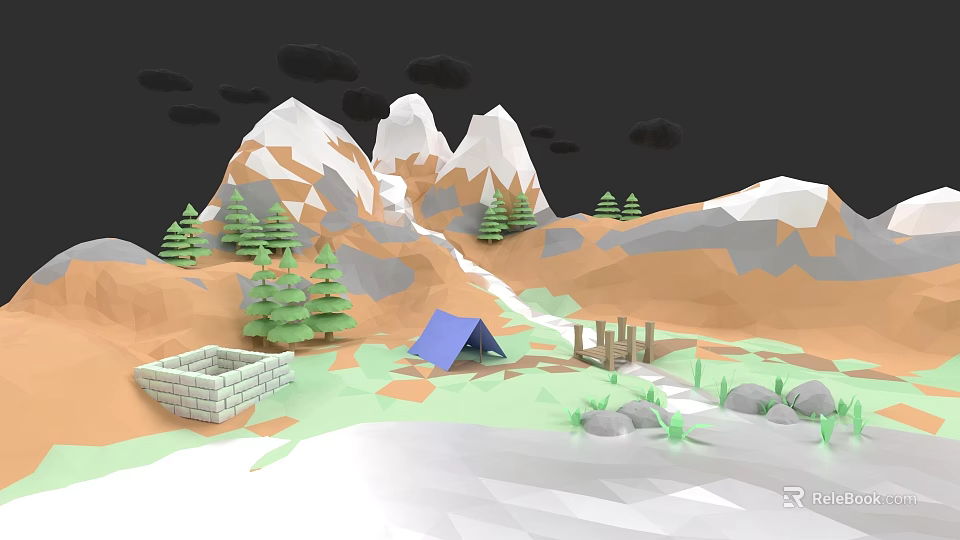 Botanical Painting Featuring Low Poly Mountains Pine Trees Tent Stone Wall And Path 3d model