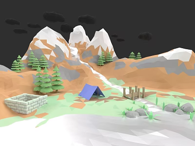 Botanical Painting Featuring Low Poly Mountains Pine Trees Tent Stone Wall And Path 3d model