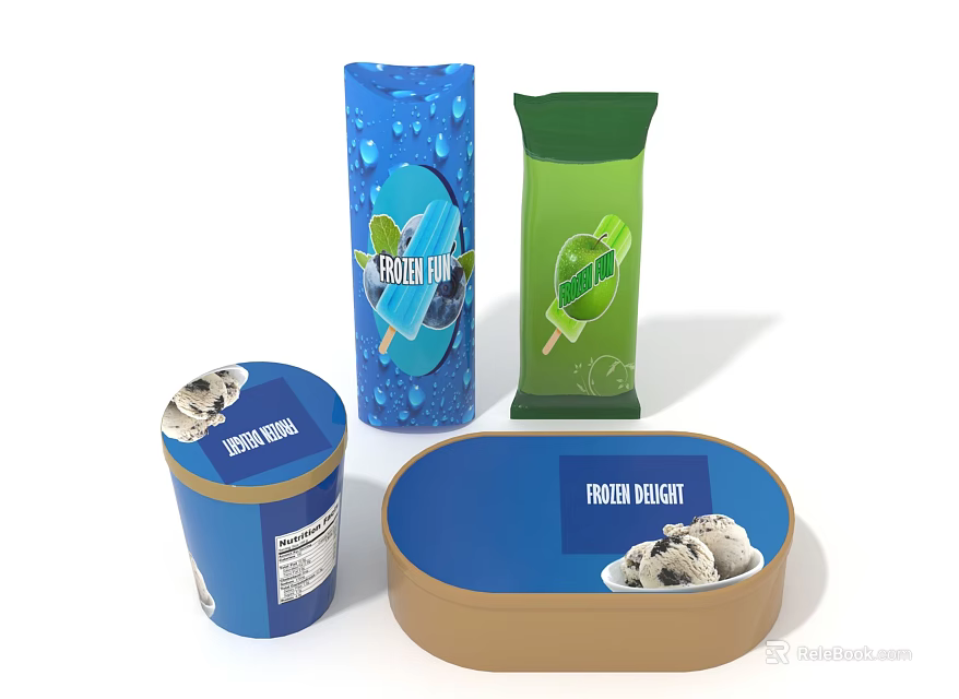Frozen Dessert Products Including Ice Cream Tub Popsicle And Packaging 3d model 
