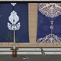 Stylish Blue Fabric Curtains With White Floral Patterns And Wooden Shutters