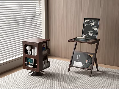 Modern Wooden Side Tables With Storage Shelves Vinyl Records And Artwork In Interior 3d model