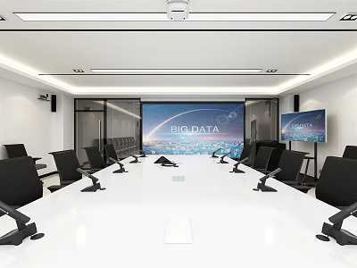 Modern Conference Room With Large Screen Big Data Display And Black Chairs 3d model