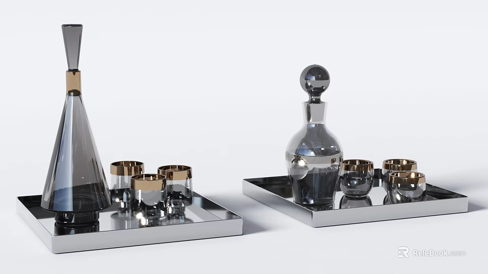 Elegant Beverage Serving Set With Glass Bottles And Gold Rimmed Glasses On Silver Trays 3d model 