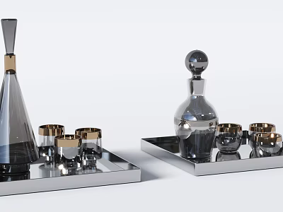 Elegant Beverage Serving Set With Glass Bottles And Gold Rimmed Glasses On Silver Trays 3d model