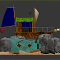 3D Model Wooden Boat With Green Roof Blue White Sails Rocks Water Sand And Fish