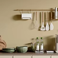 Stylish Kitchen Utensils Hanging On Wall With Wooden Cutting Boards Bowls Glass Jars And Appliances