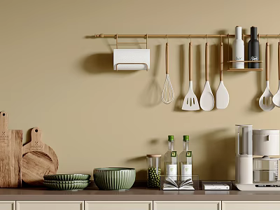 Stylish Kitchen Utensils Hanging On Wall With Wooden Cutting Boards Bowls Glass Jars And Appliances 3d model