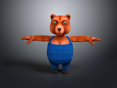 Cute 3D Brown Cartoon Bear In Blue Overalls With Arms Outstretched And Friendly Expression 3d model
