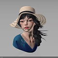 Female Character Wearing Straw Hat Black Braided Hair Blue Top With White Flowers Bust