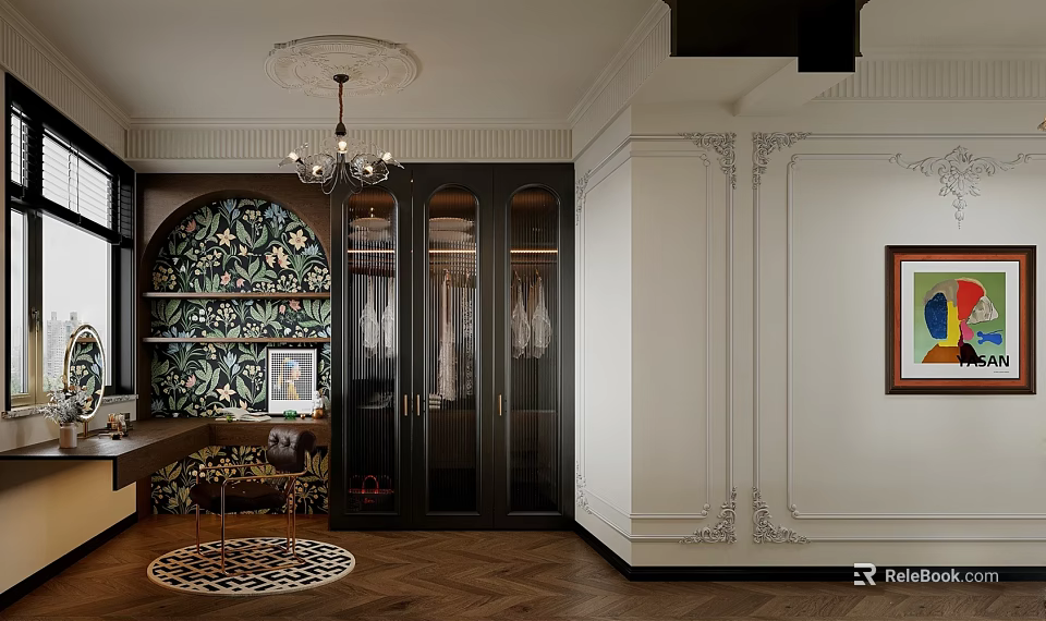 Elegant Walk in Closet Interior With Dark Glass Cabinets Floral Wallpaper And Herringbone Wood Floor 3d model 