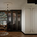 Elegant Walk in Closet Interior With Dark Glass Cabinets Floral Wallpaper And Herringbone Wood Floor