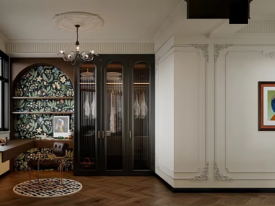 Elegant Walk in Closet Interior With Dark Glass Cabinets Floral Wallpaper And Herringbone Wood Floor 3d model