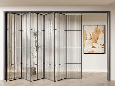 Modern Glass Folding Door In Interior With Plant And Artwork 3d model