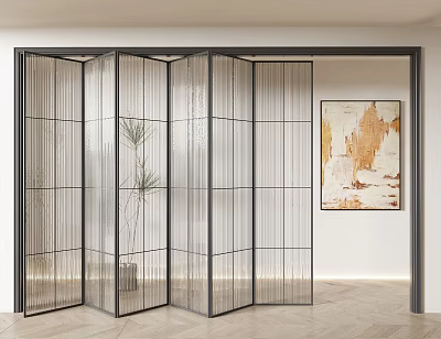 Modern Glass Folding Door In Interior With Plant And Artwork 3d model