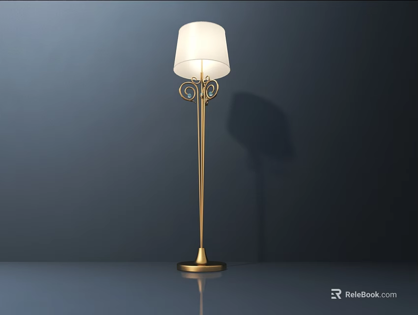 Modern Elegant Golden Floor Lamp With White Lampshade And Curved Decorative Pole 3d model 