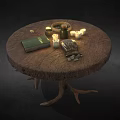 Ornamental Decor Set With Candles Vintage Book Jar And Pouch On Wooden Table
