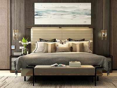 Modern Double Bed Interior With Beige Headboard Landscape Painting Pendant Lights And Decorative Pillows 3d model