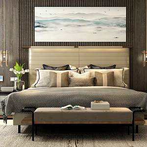 New Chinese Background Double Bed Double Bedside Table Lamp Hanging Picture 3d model