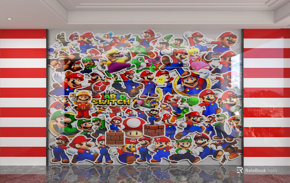Colorful Background Wall Decorated With Super Mario Character Stickers And Figures 3d model 