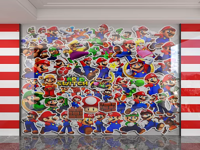 Colorful Background Wall Decorated With Super Mario Character Stickers And Figures 3d model