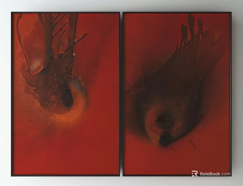 Two Abstract Wall Art Paintings Red Background Black Frame Dark Dripping Strokes 3d model