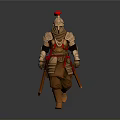 Man in Golden Brown Ancient Armor With Red Feather Helmet Holding Weapons Marching