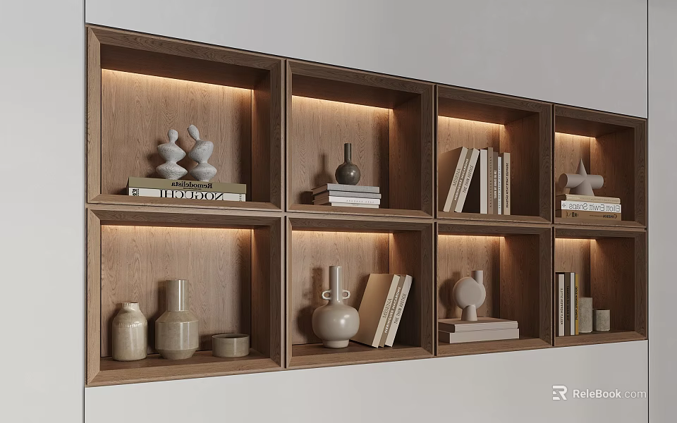 Elegant Decorative Ornament Combinations Arranged On Wooden Grid Shelves With LED Lighting Vases And Books 3d model 