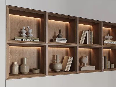 Elegant Decorative Ornament Combinations Arranged On Wooden Grid Shelves With LED Lighting Vases And Books 3d model