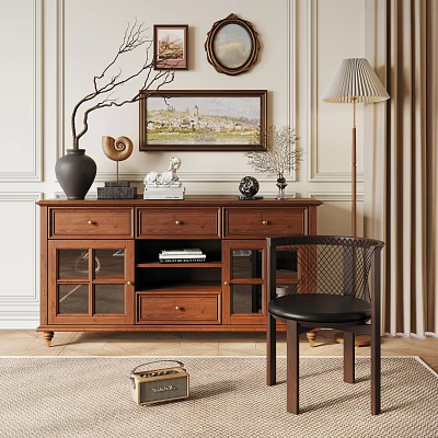 Vintage Wooden Sideboard With Drawers Glass Doors And Decorative Items On Top 3d model