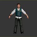 3D Character Model In Standing Pose Wearing Green Sweater Vest White Shirt And Green Pants
