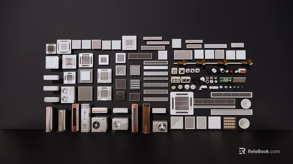 Various Types of Air Conditioner Vents and Accessories Neatly Arranged on Black Background 3d model 