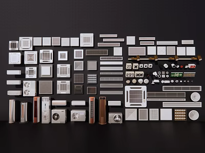 Various Types of Air Conditioner Vents and Accessories Neatly Arranged on Black Background 3d model