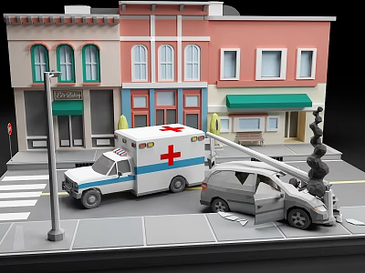 City Street Accident Scene With Ambulance Damaged Car And Buildings 3d model