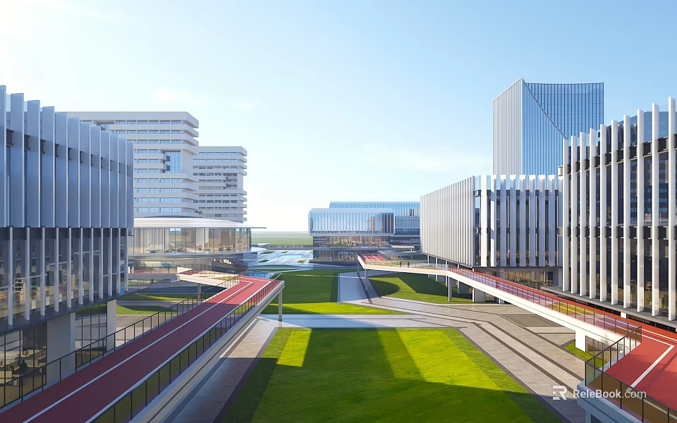 Modern Urban Architecture Complex With Plaza Green Space And Red Walkway 3d model 