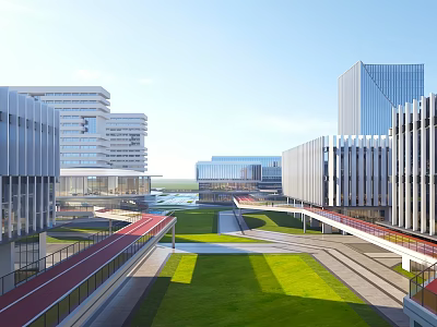 Modern Urban Architecture Complex With Plaza Green Space And Red Walkway 3d model