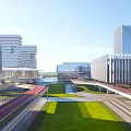 Modern Urban Architecture Complex With Plaza Green Space And Red Walkway