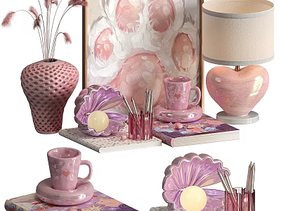 Pink Decorative Ceramic Wares Including Shell Shaped Plates Vase Heart Shaped Lamp Base And Cups 3d model