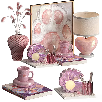 Pink Decorative Ceramic Wares Including Shell Shaped Plates Vase Heart Shaped Lamp Base And Cups 3d model