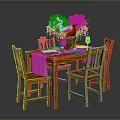 Wooden Dining Table With Four Chairs Green Plant Red Wine Glasses Tableware And Tablecloth