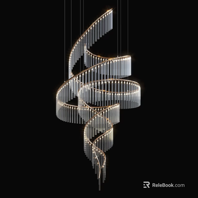 Modern Spiral Crystal Chandelier With Hanging Crystal Strips And Gold Frame 3d model 