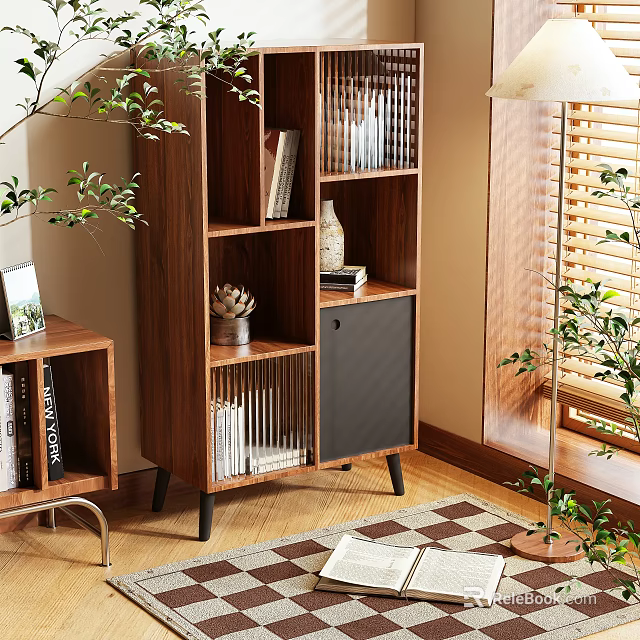 Modern Wooden Bookcase With Open Shelves Books Decorative Items And Green Plants In Cozy Interior 3d model 