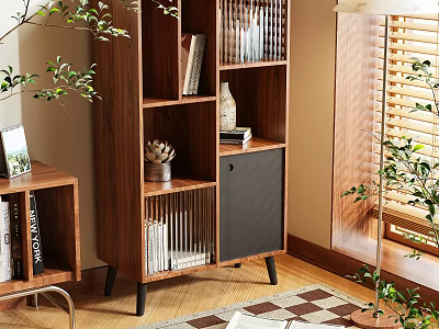 Modern Wooden Bookcase With Open Shelves Books Decorative Items And Green Plants In Cozy Interior 3d model