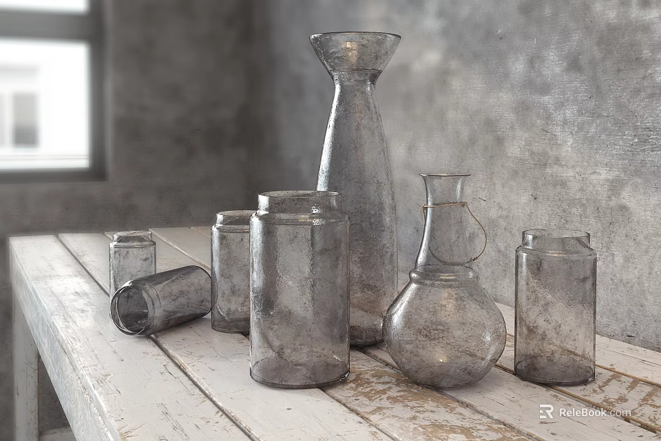 Ceramic Vessels In Various Shapes On Wooden Table With Gray Textured Wall And Natural Light 3d model 