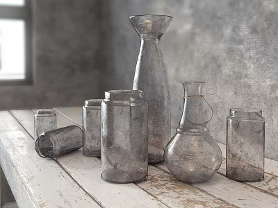 Ceramic Vessels In Various Shapes On Wooden Table With Gray Textured Wall And Natural Light 3d model