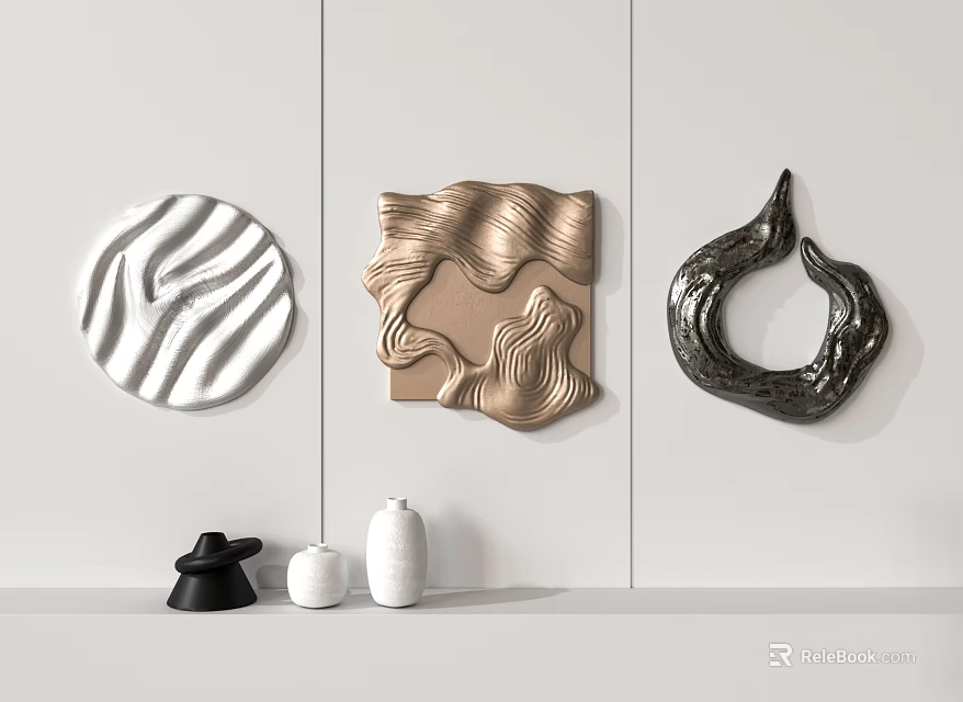 Modern Wall Decor With Three Different Designs White Circular Gold Wavy And Black Curved 3d model 