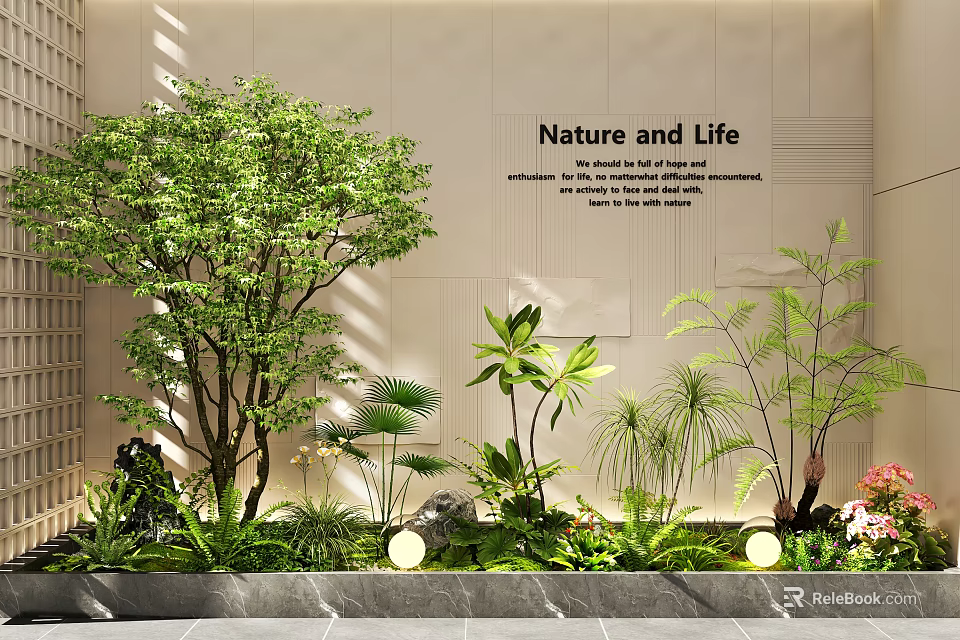 Indoor Landscape Featuring Nature and Life Theme Large Tree Various Green Plants Decorative Lights 3d model 